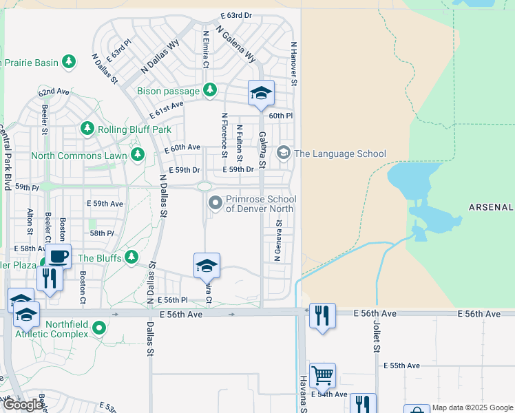 map of restaurants, bars, coffee shops, grocery stores, and more near 10106 East 59th Place in Denver