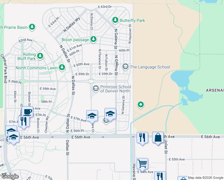 map of restaurants, bars, coffee shops, grocery stores, and more near 5949 North Fulton Street in Denver