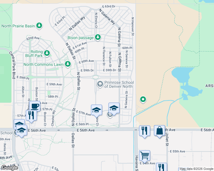 map of restaurants, bars, coffee shops, grocery stores, and more near 9996 East 59th Place in Denver