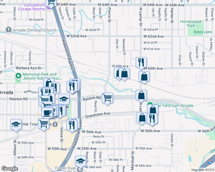 map of restaurants, bars, coffee shops, grocery stores, and more near 5856 Pierce Street in Arvada