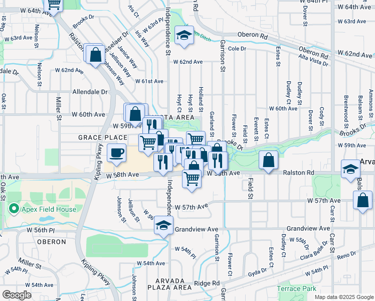 map of restaurants, bars, coffee shops, grocery stores, and more near 9517 Ralston Road in Arvada