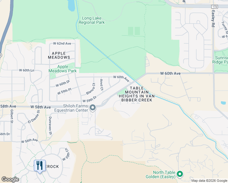 map of restaurants, bars, coffee shops, grocery stores, and more near 18426 West 59th Drive in Golden