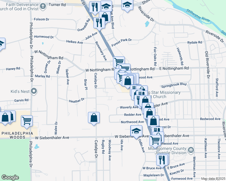 map of restaurants, bars, coffee shops, grocery stores, and more near 83 Cromwell Place in Dayton