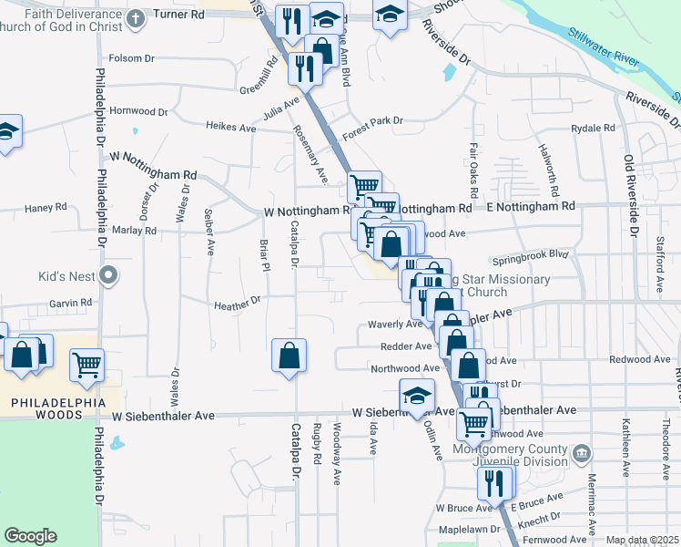 map of restaurants, bars, coffee shops, grocery stores, and more near 83 Cromwell Place in Dayton