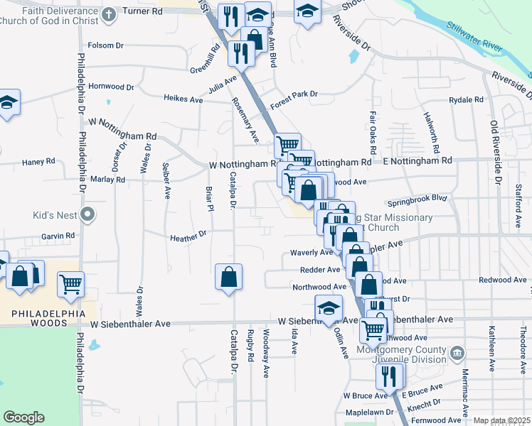 map of restaurants, bars, coffee shops, grocery stores, and more near 83 Cromwell Place in Dayton