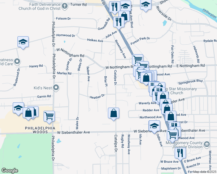 map of restaurants, bars, coffee shops, grocery stores, and more near 4237 Catalpa Drive in Dayton