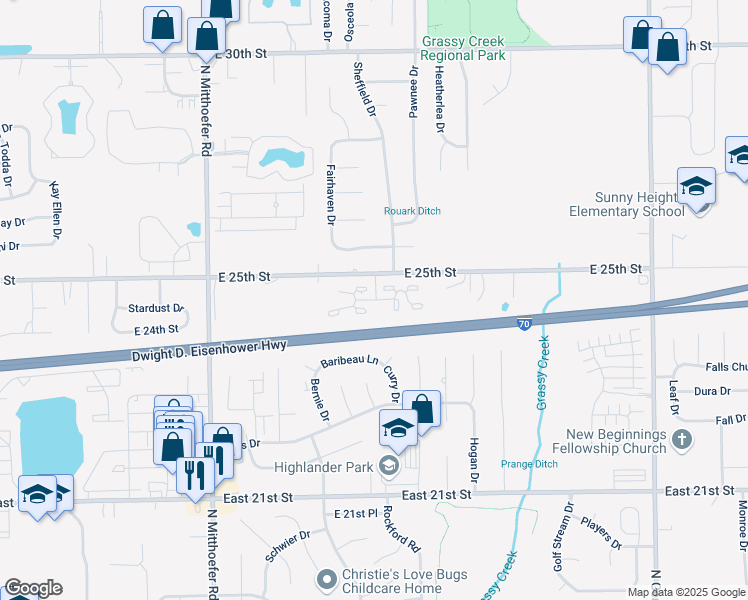 map of restaurants, bars, coffee shops, grocery stores, and more near 2502 Sheffield Drive in Indianapolis