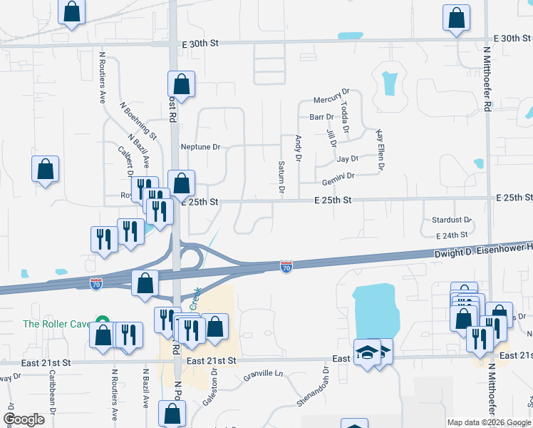 map of restaurants, bars, coffee shops, grocery stores, and more near 2466 Saturn Drive in Indianapolis