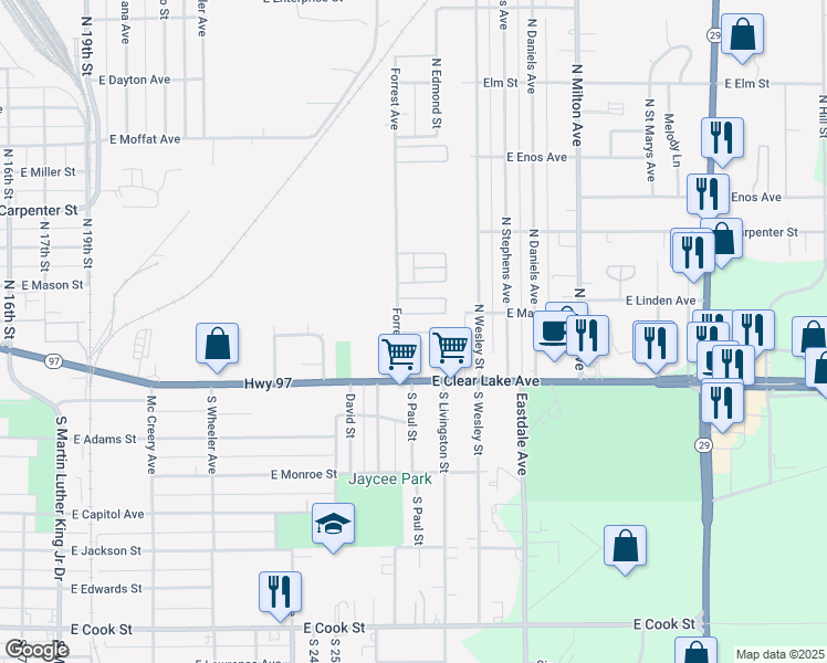 map of restaurants, bars, coffee shops, grocery stores, and more near 300-360 Forrest Avenue in Springfield