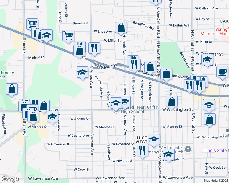 map of restaurants, bars, coffee shops, grocery stores, and more near 1233 North Park Avenue in Springfield