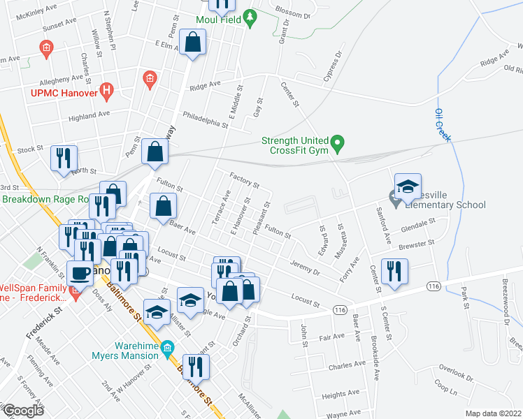 map of restaurants, bars, coffee shops, grocery stores, and more near 412 Pleasant Street in Hanover