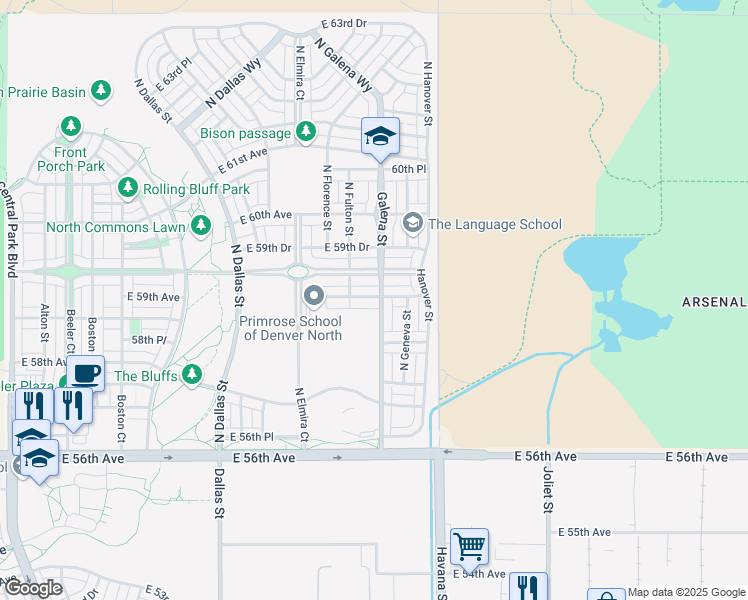 map of restaurants, bars, coffee shops, grocery stores, and more near 10184 East 59th Avenue in Denver