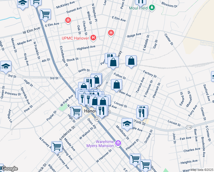 map of restaurants, bars, coffee shops, grocery stores, and more near 231 Broadway in Hanover