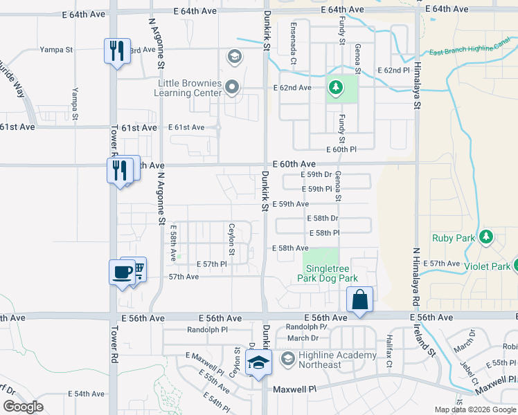 map of restaurants, bars, coffee shops, grocery stores, and more near 19307 North Dunkirk Street in Aurora