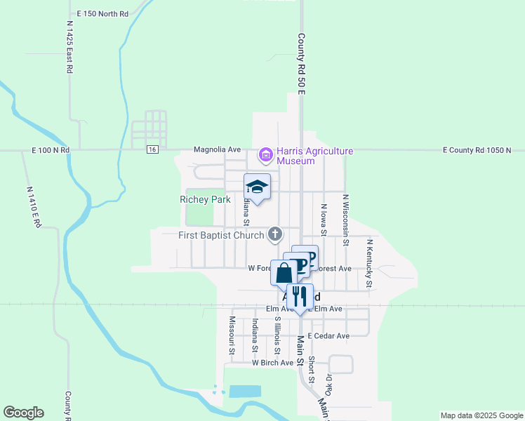 map of restaurants, bars, coffee shops, grocery stores, and more near 316 North Illinois Street in Atwood