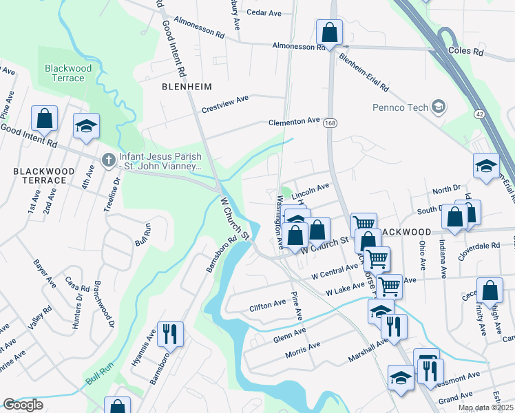 map of restaurants, bars, coffee shops, grocery stores, and more near 227 Washington Avenue in Gloucester Township