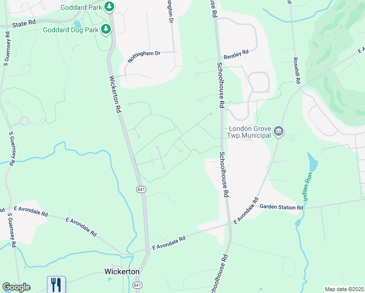 map of restaurants, bars, coffee shops, grocery stores, and more near 5 Briarcliff Circle in West Grove