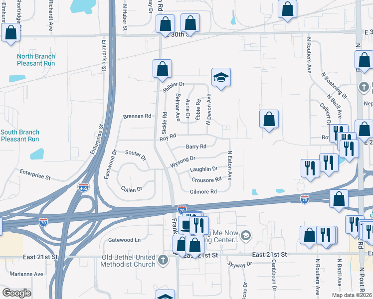 map of restaurants, bars, coffee shops, grocery stores, and more near 8104 Barry Road in Indianapolis