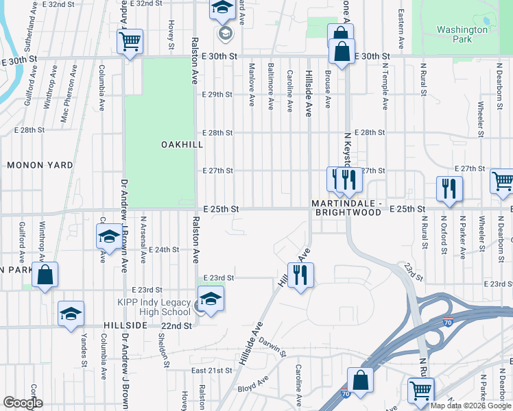 map of restaurants, bars, coffee shops, grocery stores, and more near 2519 Manlove Avenue in Indianapolis