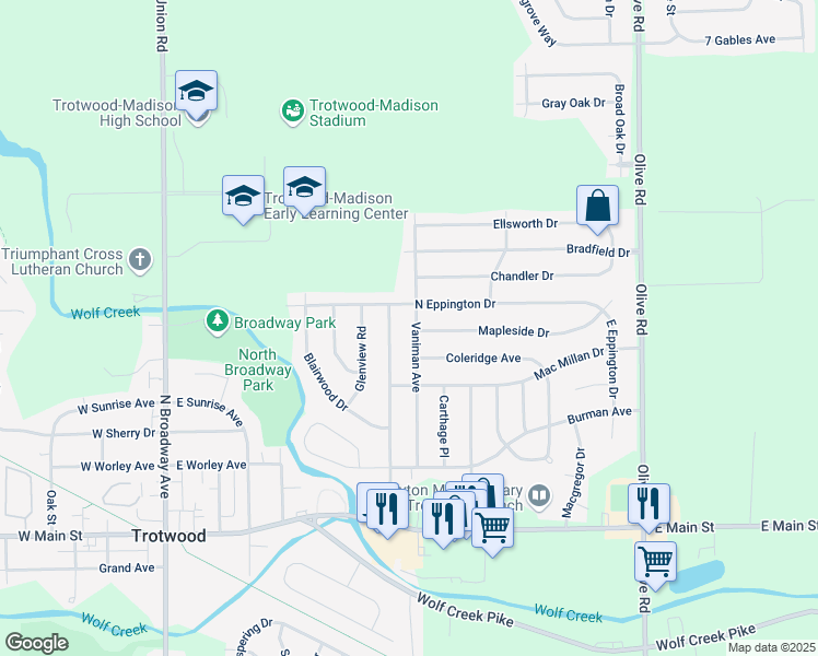 map of restaurants, bars, coffee shops, grocery stores, and more near 434 Vaniman Avenue in Dayton