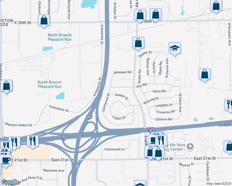 map of restaurants, bars, coffee shops, grocery stores, and more near 7823 Roy Road in Indianapolis