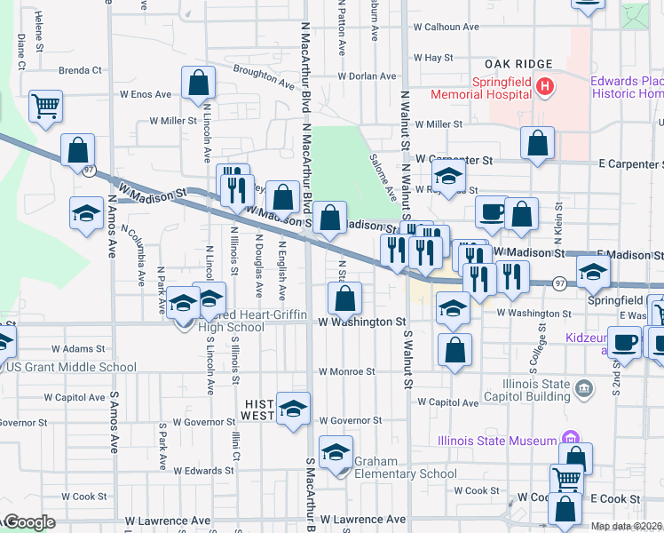 map of restaurants, bars, coffee shops, grocery stores, and more near 906 West Jefferson Street in Springfield