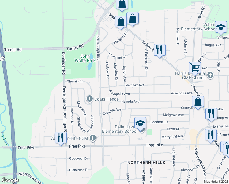 map of restaurants, bars, coffee shops, grocery stores, and more near 4636 Natchez Avenue in Dayton