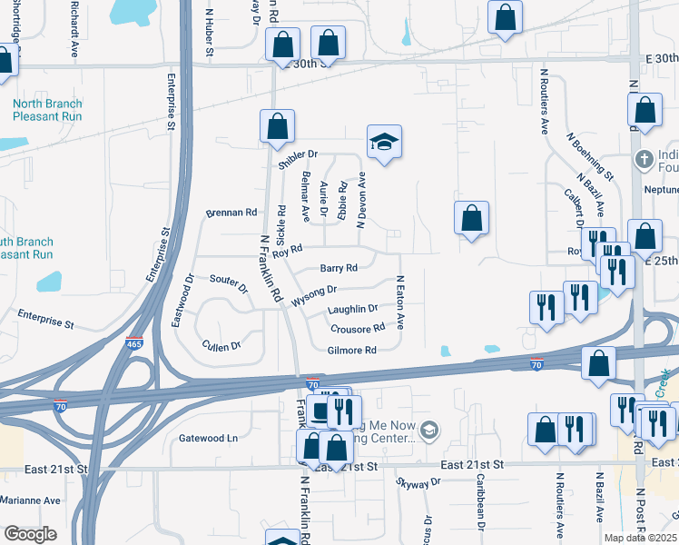map of restaurants, bars, coffee shops, grocery stores, and more near 8139 Barry Road in Indianapolis