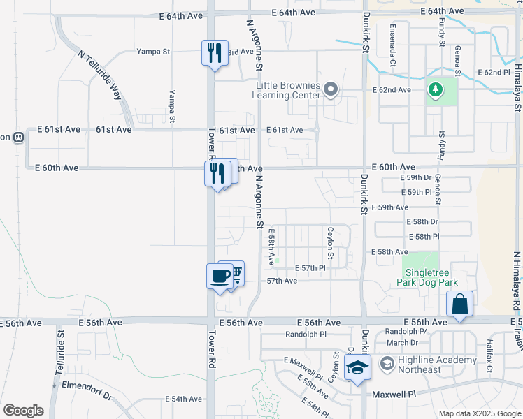 map of restaurants, bars, coffee shops, grocery stores, and more near 5901 Argonne Street in Denver
