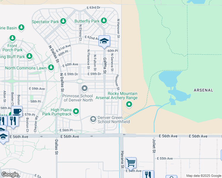 map of restaurants, bars, coffee shops, grocery stores, and more near 10226 East 59th Place in Denver