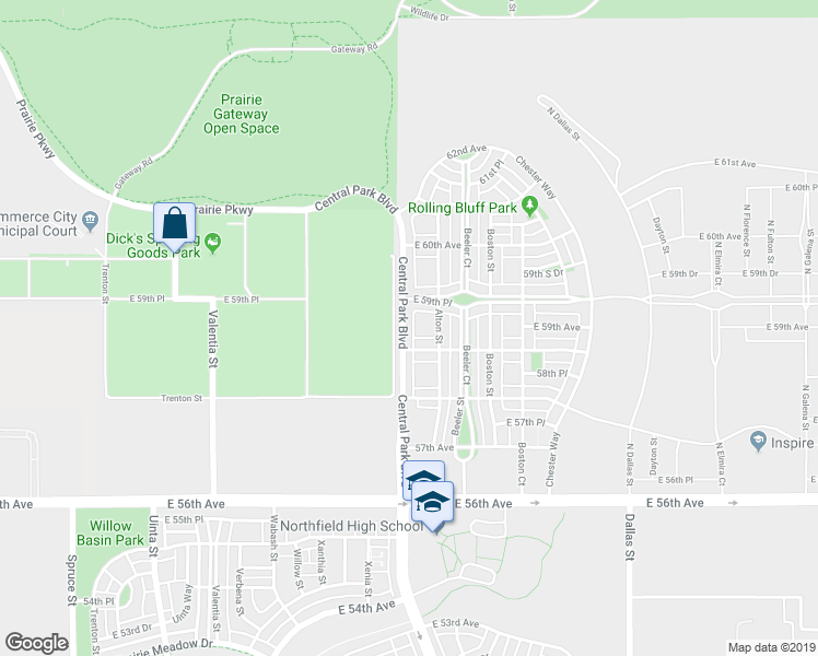 map of restaurants, bars, coffee shops, grocery stores, and more near 5922 Central Park Boulevard in Denver