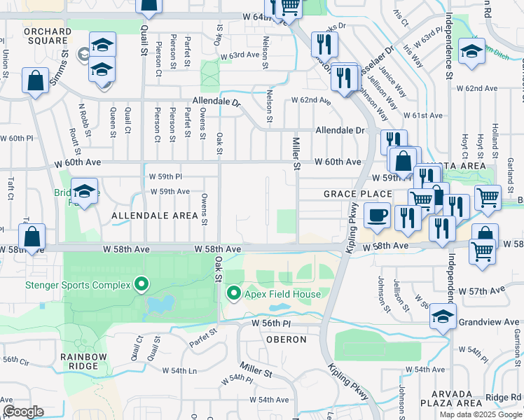 map of restaurants, bars, coffee shops, grocery stores, and more near 5897 Newcombe Court in Arvada