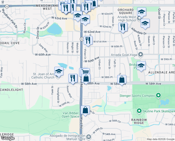 map of restaurants, bars, coffee shops, grocery stores, and more near 5858 Ward Road in Arvada
