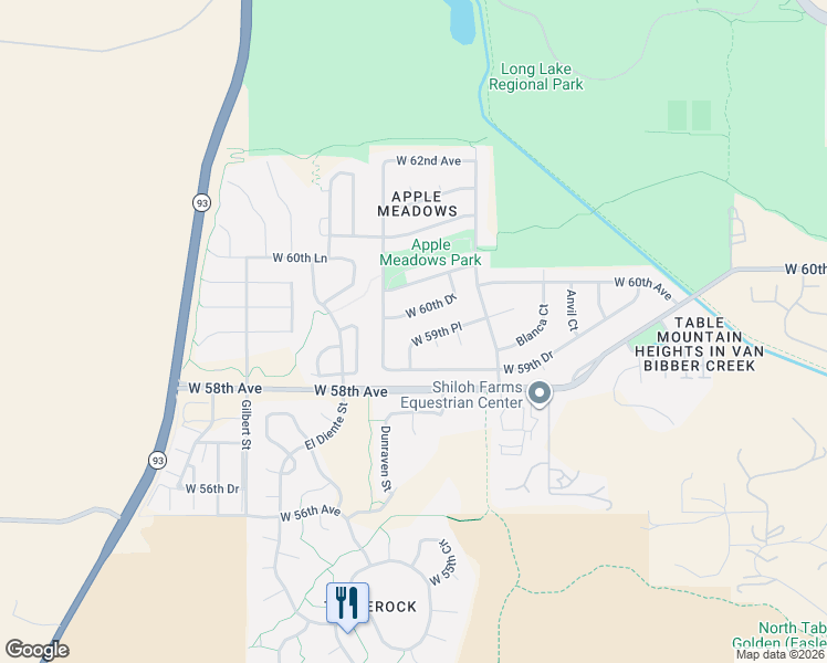 map of restaurants, bars, coffee shops, grocery stores, and more near 19012 West 60th Drive in Golden