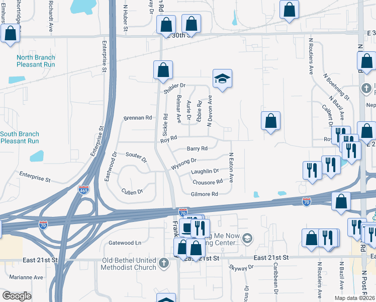 map of restaurants, bars, coffee shops, grocery stores, and more near 8104 Barry Road in Indianapolis