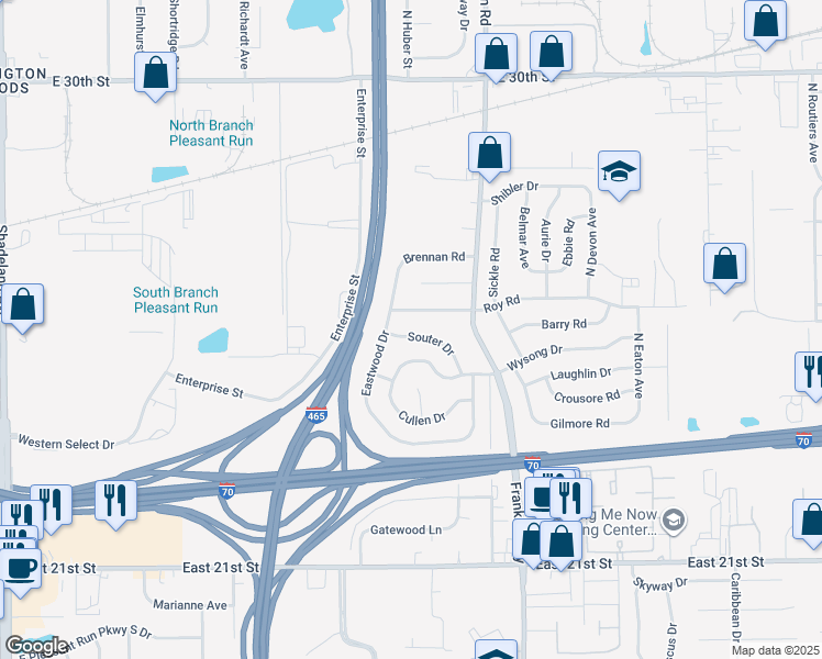 map of restaurants, bars, coffee shops, grocery stores, and more near 7823 Roy Road in Indianapolis