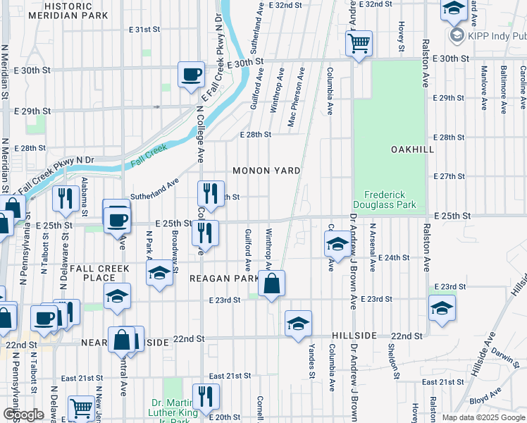 map of restaurants, bars, coffee shops, grocery stores, and more near 2571 Winthrop Avenue in Indianapolis