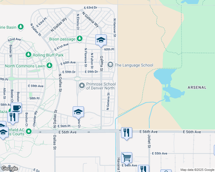 map of restaurants, bars, coffee shops, grocery stores, and more near 10255 East 59th Avenue in Denver