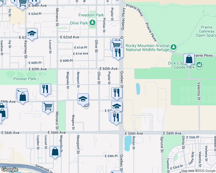 map of restaurants, bars, coffee shops, grocery stores, and more near 5885 Poplar Street in Commerce City