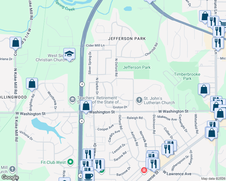 map of restaurants, bars, coffee shops, grocery stores, and more near 40 N Oxford Rd in Springfield