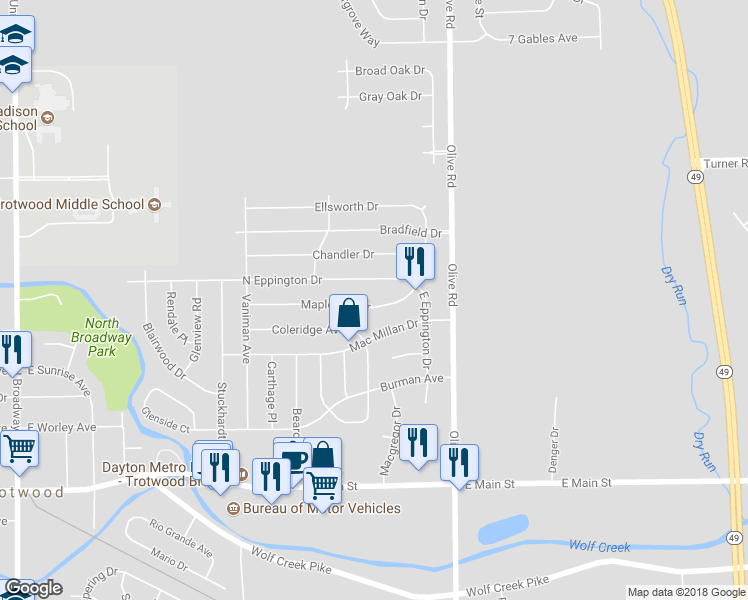 map of restaurants, bars, coffee shops, grocery stores, and more near 807 Mapleside Drive in Dayton