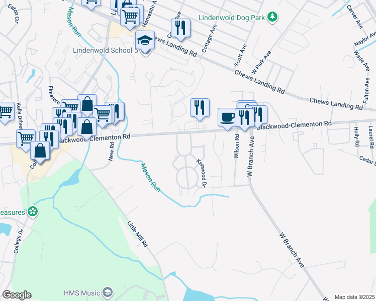 map of restaurants, bars, coffee shops, grocery stores, and more near 105 Mason Run in Pine Hill