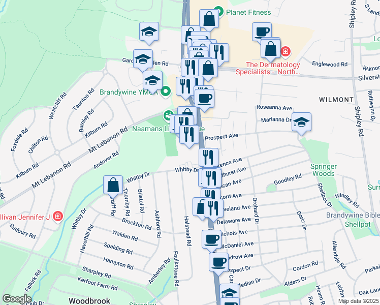 map of restaurants, bars, coffee shops, grocery stores, and more near 3596 Concord Pike in Wilmington