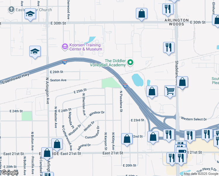 map of restaurants, bars, coffee shops, grocery stores, and more near 6506 East 25th Street in Indianapolis