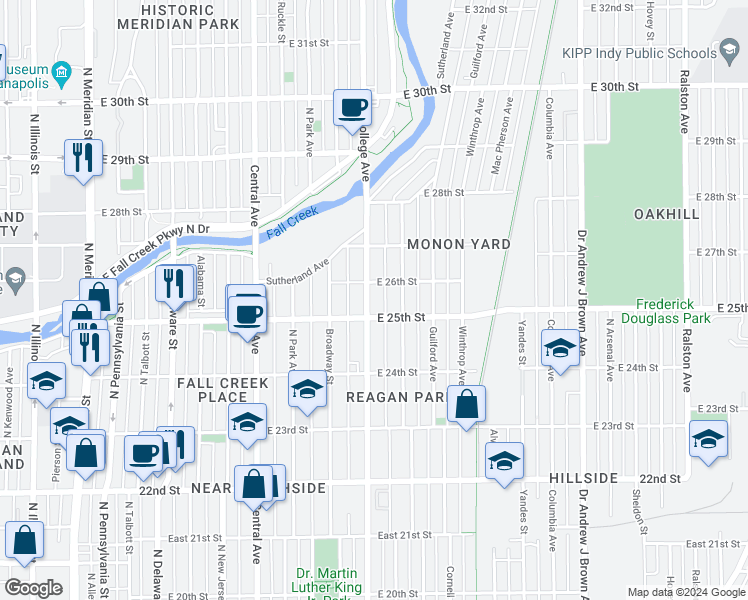 map of restaurants, bars, coffee shops, grocery stores, and more near 2521 North College Avenue in Indianapolis