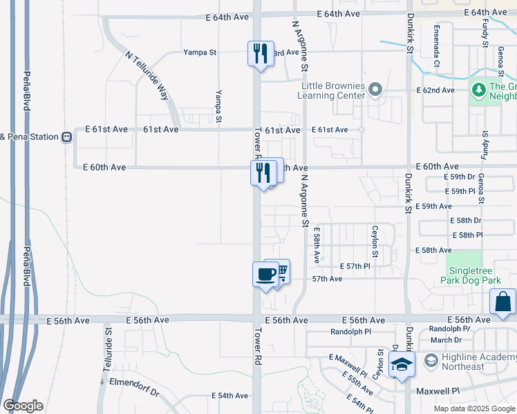 map of restaurants, bars, coffee shops, grocery stores, and more near 9338 East 59th Avenue in Denver