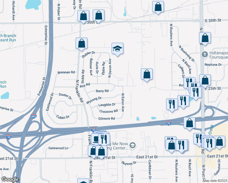 map of restaurants, bars, coffee shops, grocery stores, and more near 8241 Barry Road in Indianapolis