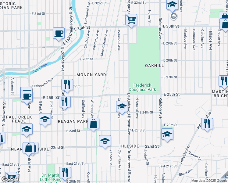 map of restaurants, bars, coffee shops, grocery stores, and more near 1212 East 25th Street in Indianapolis