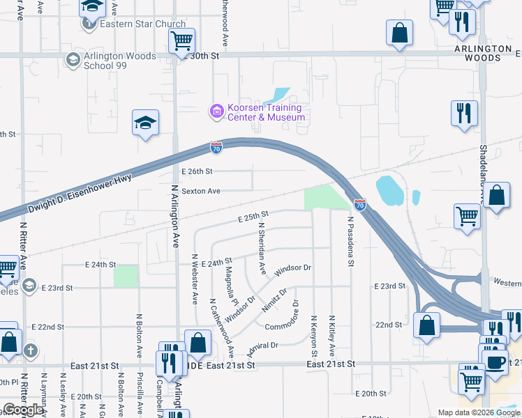map of restaurants, bars, coffee shops, grocery stores, and more near 2501 North Kenyon Street in Indianapolis