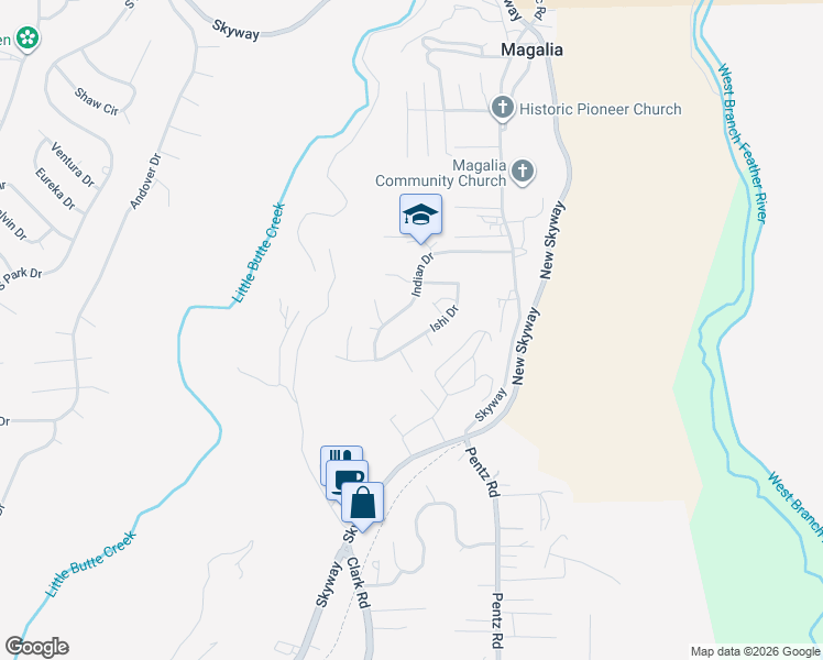 map of restaurants, bars, coffee shops, grocery stores, and more near 6703 Ishi Drive in Magalia